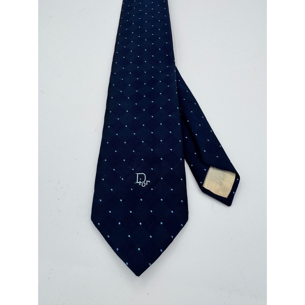 Christian Dior Mens Navy Blue Dotted Silk Blend Logo Necktie Vintage